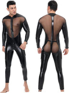 Men's Sexy Latex Lace Net yarn stitching Catsuit Leather Jumpsuit Full Body Bodysuit Wet Look Clubwear Clothing