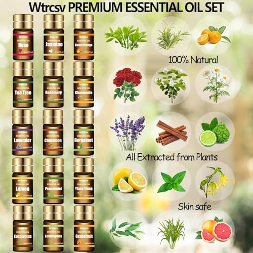 Essential Oils Set - Top 15 Scents for Diffuser, Humidifier, Skin Care, Aromatherapy, Massage, Candle & Soap Making - Fragrance Gift Set (5ml)