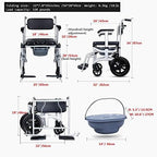 Mobile Shower Chair, 4-in-1 Toilet Commode Wheelchair with Brakes, Removable Pedal, Adjustable Armrest, PU Backrest Cushion and Pail 330lb