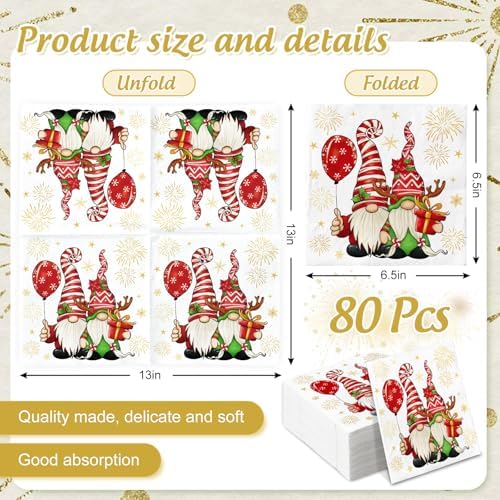 80Pcs Christmas Paper Napkins Xmas Gnome Firework Disposable Napkins Decorative Luncheon Dinner Hand Napkins For Party Supplies Table Decor