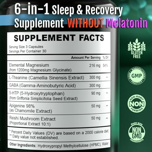 Natural Sleep Aid Supplement for Adults Without Melatonin - Non-Habit Forming Herbal Sleep - GABA, L-Theanine, Reishi Mushroom, Apigenin, Magnesium Glycinate, 5-HTP - 90 Vegan Capsules