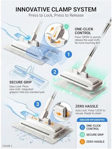 Hands-Free Multi-Purpose Flat Mop – Lazy Cleaning & Face Towel Compatible 39in Long Handle Dust with Locking Head for Wall Bathroom Toilet Corners Multi-Surface