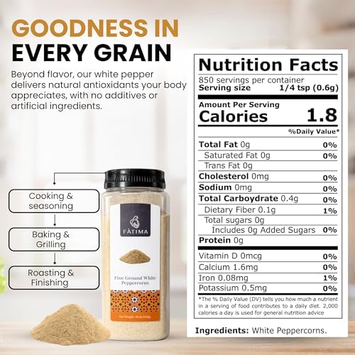 Fàtima Fine Ground White Peppercorns | Premium White Pepper Ground | Fresh and Aromatic Organic Pepper Powder | Essential Spice for Cooking & Seasoning - 18 Oz