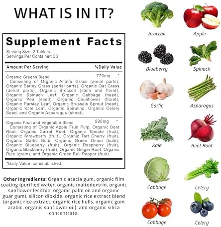 Number One Nutrition USDA Organic and Easy-to-Take Super Greens, Better Than Powder Fruits & Veggies Supplement with 28 Superfood Ingredients Like Alfalfa, Beet Root and Ginger, 60 Tablets