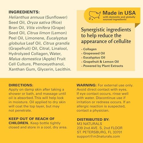 Firming Body Massage Oil with Collagen & Stem Cell – Helps Smooth the Appearance of Cellulite & Improve Skin Texture – Refreshing Aromatherapy Body Oil for Legs & Full Body – 8 Fl Oz by M3