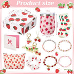 Landical 60 Pcs Strawberry Gift Basket for Christmas Include 12oz Tumbler Cup Makeup Bag Sock Bracelet Necklace Scrunchie Greeting Card Keychains Stickers Hair Clip in Gift Box for Women Party