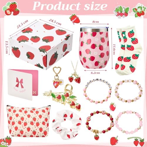 Landical 60 Pcs Strawberry Gift Basket for Christmas Include 12oz Tumbler Cup Makeup Bag Sock Bracelet Necklace Scrunchie Greeting Card Keychains Stickers Hair Clip in Gift Box for Women Party