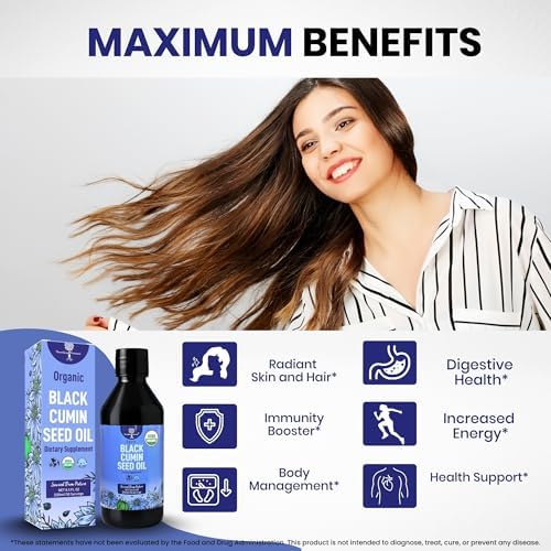 Organic Black Cumin Seed Oil-USDA-Cold Pressed –up to 6X Stronger Thymoquinone - Pure Nigella Sativa Cumin Seeds -Premium Supplement for Immune Support, Skin & Hair (8.5 fl oz)