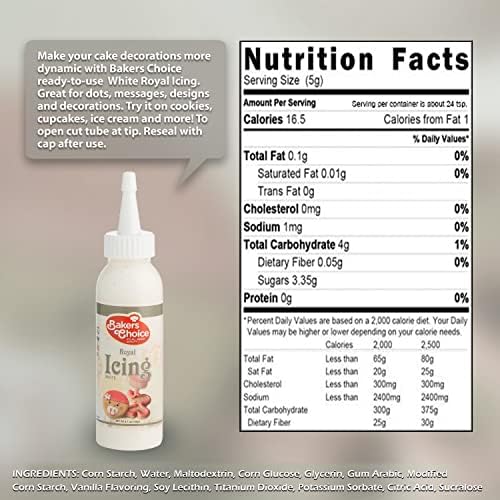 White Cookie Icing - Ready to Use Royal Icing for Cookies - Decorating Squeeze Bottles with Piping Tube For Cookies, Cakes, Cupcakes and Treats - 3.7 oz. - Baker’s Choice