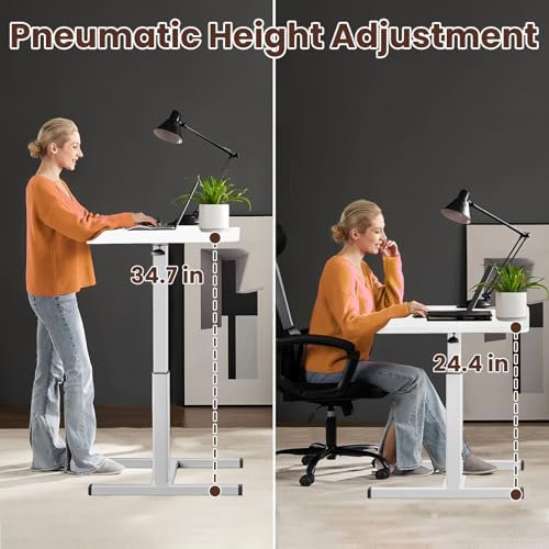 Overbed Table with Adjustable Height, Hospital Bed Table with Wheels, Rolling Bedside Table Pneumatic Mobile Standing Laptop Desk with USB Charging and Cup Holder