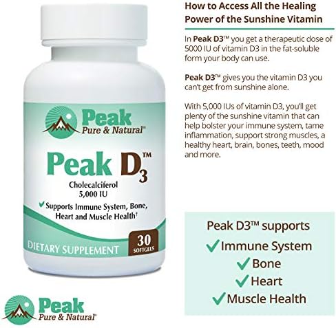 Peak Pure & Natural Peak D3 - Calciferol Vitamin D3 5,000 IU - Immune Support - Support Heart Health - Boost Energy - Daily Vitamin for Adults | 30 Capsules
