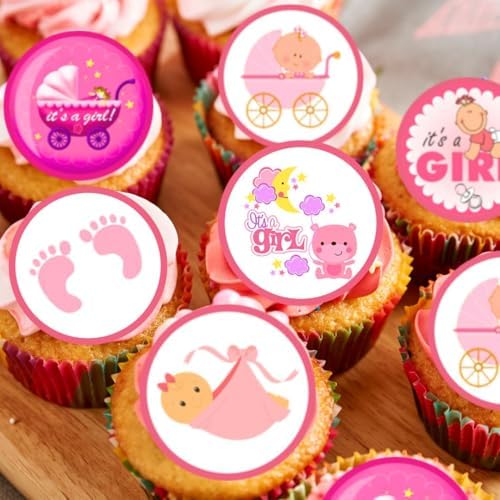 PRECUT Baby Girl Mix Edible Cupcake Toppers – Pink Baby Shower Cake Decorations, It's a Girl Gender Reveal Decorations for Cakes, Cupcakes, and Desserts 12 x 1.5 Inch/ 4cm Discs