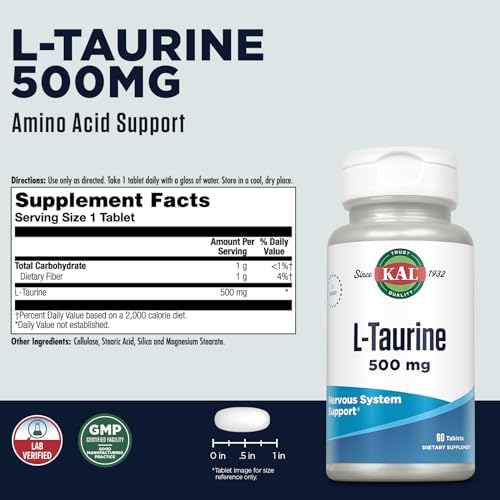 KAL L Taurine 500mg, Amino Acids Supplement, Nervous System Health, Heart Health and Detox Support, Pre Workout Supplement, Rapid Disintegration ActivTabs, 60-Day Guarantee, 60 Servings, 60 Tablets