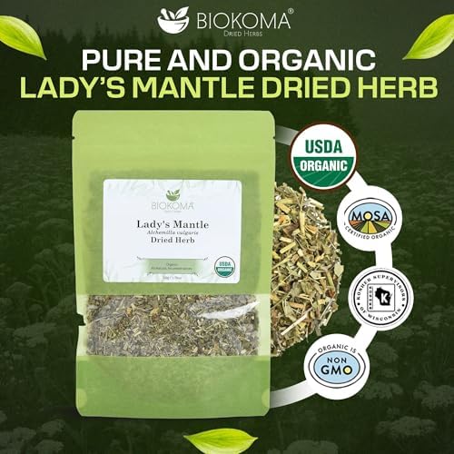 Biokoma Organic Lady's Mantle Herb 1.76 oz - Loose Herbal Tea Alchemilla Vulgaris - USDA Organic Leaves - Resealable Moisture Proof Pouch - No Additives - No Preservatives - Non GMO - Kosher