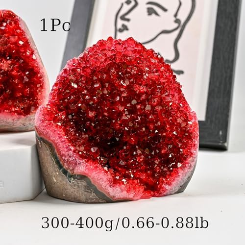 1Pc Claret Raw Geode, 300-400g Quartz Cluster for Home Feng Shui Ornaments Energy Stone Healing Tools Meditation Feng Shui Decoration,Stone Display Piece, Mineral Specimen