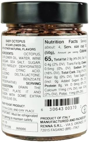 Renna, Baby Octopus, Small Octopus preserved in oil (10.58 oz), Premium Imported Seafood, Mediterranean flavor, Product of Italy