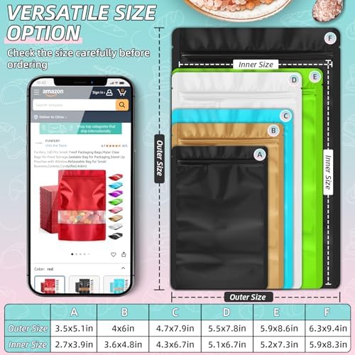 FUNFERY 5.5x7.8 inch Stand Up Mylar Resealable Bags for Food Storage,Smell Proof Foil Pouch,Food Packaging Sealable Bags,Mylar Zipper Bag for Jerky,Candy,Cereal,Coffee, Cards,Black,50 Pack
