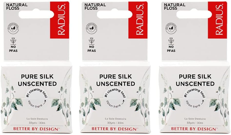 RADIUS Dental Floss, Natural Floss, Unscented Silk, 33 Yards, Compostable & Non-Toxic Oral Care Designed to Help Fight Plaque, Pack of 3