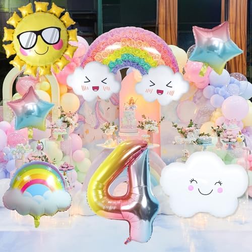 4th Birthday Decorations Girl, 4th Rainbow Birthday Balloons Set with Sun Gradient Stars and 40 Inch Number 4 Foil Balloon for Rainbow Theme Girls Party Decoration Supplies