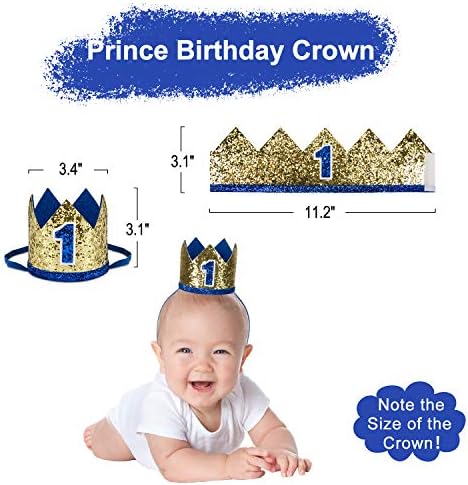1st Birthday Boy Decorations with Burlap Highchair Banner, Cake Topper, Blue Hat Crown for Happy First Birthday Party Decoration Supplies