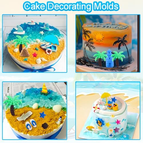 2Pcs Summer Beach Theme Silicone Molds for Chocolate, Coconut Tree Starfish Shells Beacon Pineapple Shape Candy Chocolate Mold for Tropical Summer Party Marine Jello Cookie Ice Cube Baking Mould