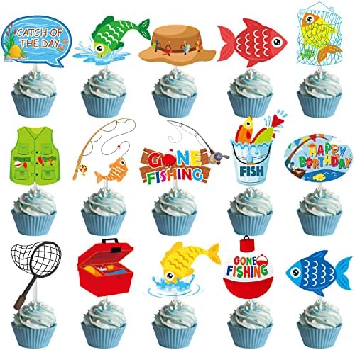 36pcs Fishing Cupcake Toppers Gone Fishing Party Cupcake Picks for Fisherman Birthday Party Decorations Fishman Fishing Pole theme Theme Party Baby Shower Supplies