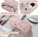 MoKo Double Eyeglass Case, 2 in 1 Double Sided Portable Glasses Case Contact Lens Case with Mirror Eye Glasses Carrying Bag Anti-Scratch Sunglasses Pouch Protective Eyewear for Men&Women, Pink Flowers