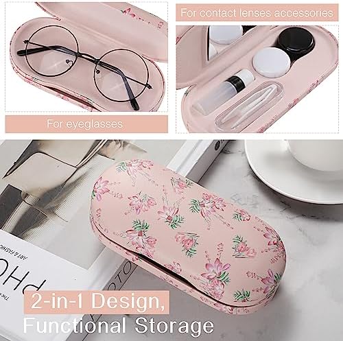 MoKo Double Eyeglass Case, 2 in 1 Double Sided Portable Glasses Case Contact Lens Case with Mirror Eye Glasses Carrying Bag Anti-Scratch Sunglasses Pouch Protective Eyewear for Men&Women, Pink Flowers