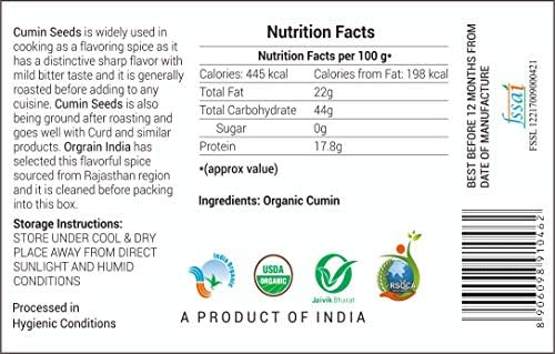 Orgrain India USDA Certified Organic Cumin/Jeera Seeds Whole (Cuminum cyminum) 120g