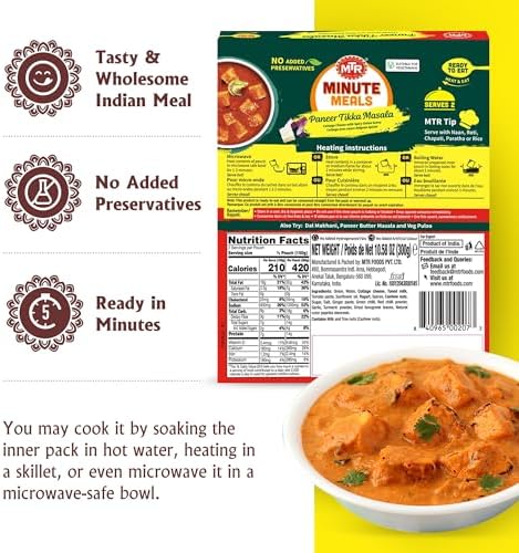 MTR - Minute Meals: Paneer Tikka Masala - Cottage Cheese with Spicy Onion Gravy - Tasty Indian Meal with No Added Preservatives - A Quick Meal Suitable for Vegetarians, Ready in Minutes! (Pack of 6)
