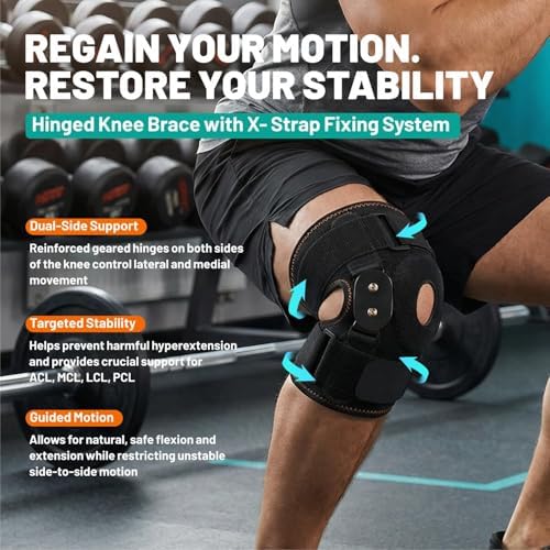 Hinged Knee Brace with Dual Side Stabilizers - Metal Hinge Support,4-way Adjustable Wraparound,for Meniscus Tear,ACL, PCL, MCL&Arthritis Pain Relief (Medium)