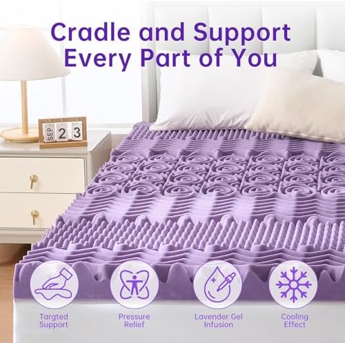 MUXHOMO 3 Inch King Size Mattress Topper, 7-Zone Gel Infused Mattress Topper, Egg Crate Memory Foam Mattress, Lavender Cooling Gel Infused Bed Pad, CertiPUR-US Certified (76"×80", Lavender)
