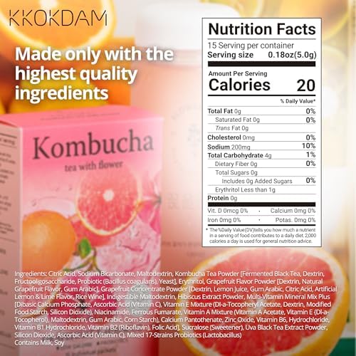 KKOKDAM Kombucha Tea - Grapefruit & Hibiscus Korean Tea - Kombucha Drinks Probiotic Support, Low Calorie, Sugar Free Kombucha Pack - 15 Packs
