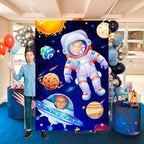 Outer Space Party Backdrop, 59.06''x39.37'' Astronaut Alien Face Cutout Background Rocket Galaxy Star Banner for Outer Space Birthday Party Decorations