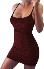 Women's Sexy Glitter Spagetti Straps Lace Up Back Bandage Bodycon Mini Club Party Dress