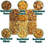 Honey Roasted Mixed Nuts Gift Basket – Pecans, Walnuts, Cashews & Peanuts and Pretzel in Mini Bags, Wooden 6-Compartment Tray, Gourmet Snack Assortment for Gifting