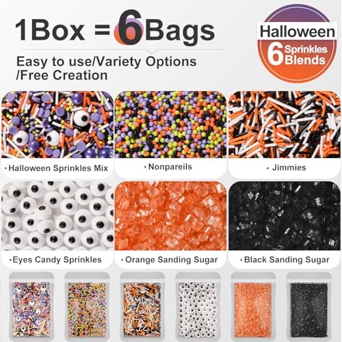 HUEBEATY® 6-in-1 Halloween Spooky Sprinkles Edible – 180g Eyeball Candy, Nonpareils, Jimmies, Black and Orange Sugar Sprinkles for Cupcakes, Cookies, Cakes Baking and Decorating – Halloween Edible Topper Decorations