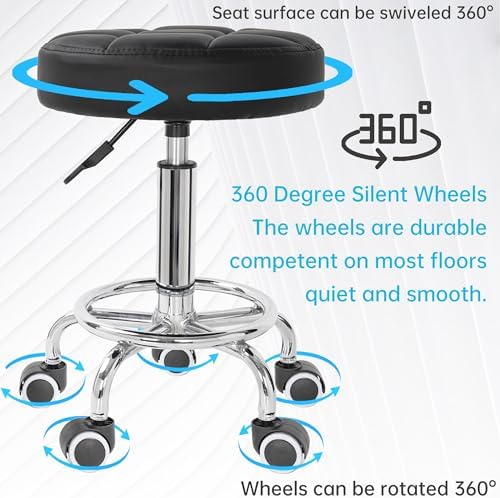 IBVIVIC PU Leather Rolling Stool Height Adjustable Round Swivel Stools for Spa Salon Massage Work Chair with Foot Rest Black