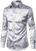 ZEROYAA Men's Luxury Jacquard Long Sleeve Dress Shirt Shiny Satin Slik Like Wedding Party Prom Shirts