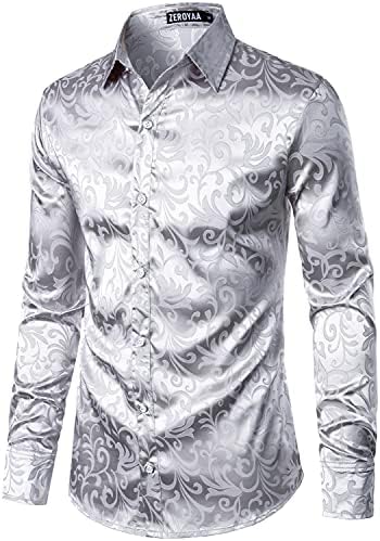ZEROYAA Men's Luxury Jacquard Long Sleeve Dress Shirt Shiny Satin Slik Like Wedding Party Prom Shirts