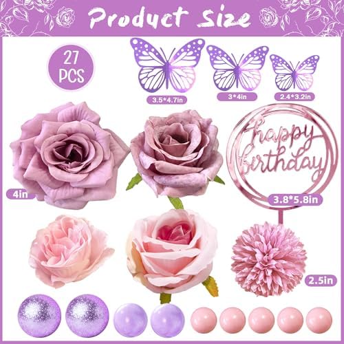 Flower Cake Toppers, Happy Birthday Rose Gold Cake Decorations with Artificial Flowers Butterfly Balls for Wedding Baby Shower Birthday Party Supplies (Purple)