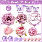 Flower Cake Toppers, Happy Birthday Rose Gold Cake Decorations with Artificial Flowers Butterfly Balls for Wedding Baby Shower Birthday Party Supplies (Purple)