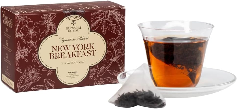 BLOSSOM RITUAL Newyork Breakfast – Strong & Smooth Black Tea with Caffeine – 20 Natural Based Pyramid Bags – Serve Upto 60 cups – Energizing Morning Tea Blend for Focus & Clarity – Resealable Zip Pouch| 2.65oz