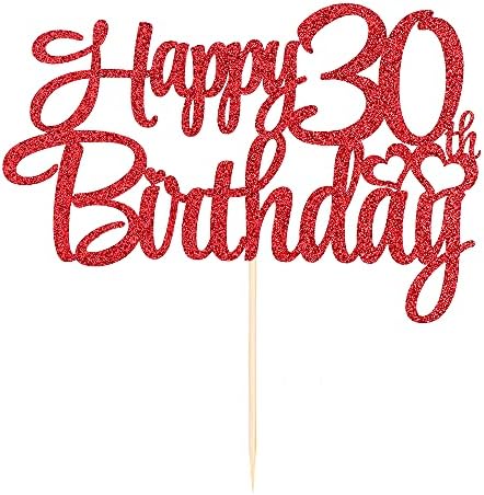 Red 30th birthday cake topper ， happy 30th birthday cake topper， 30th birthday party cake decorations (length 7.5in * wide6.5 in)