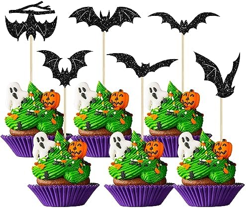 Gyufise 24Pcs Halloween Bat Cupcake Toppers Black Glitter Bat Halloween Cupcake Picks for Horror Theme Baby Shower Kids Birthday Party Cake Decorations Supplies