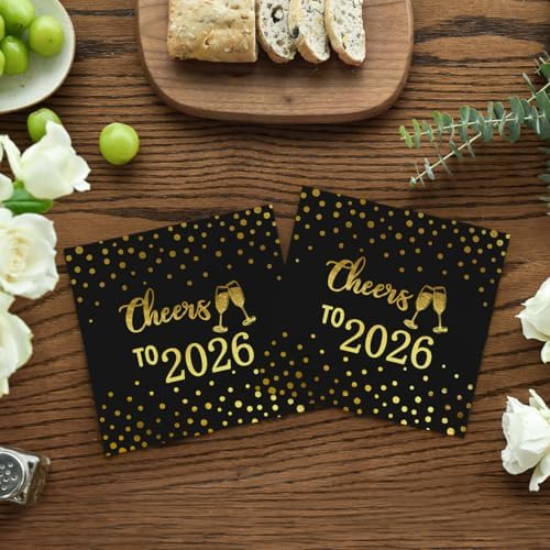 Horaldaily 100 New Year 2026 Disposable Paper Decorative Luncheon Napkins, Cheers to 2026 Gold Foil Dots Hand Towel for Party Lunch Dinner Kitchen Bathroom