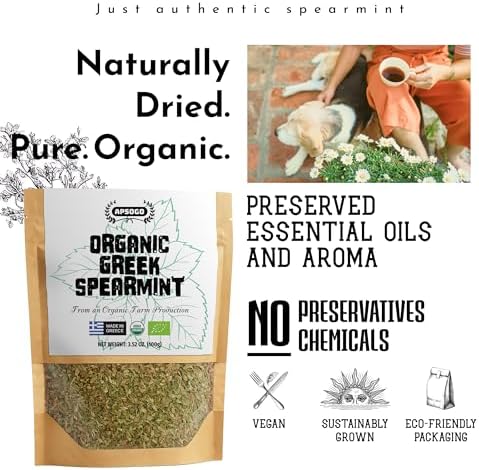 Apsogo Organic Greek Spearmint - Dried Spearmint Leaves for Spearmint Tea Loose Leaf, Herbal Tea & Cooking - Organic Spearmint, Mint Leaves, Naturally Sweet Aroma, Caffeine-Free Mentha Spicata - Resealable Pouch, 1.76 oz