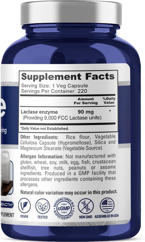 NusaPure Lactase Enzyme 9000 FCC, Lactase Unit, Suitable for Vegetarians/Vegan, Non-GMO, 220 Veg Capsules