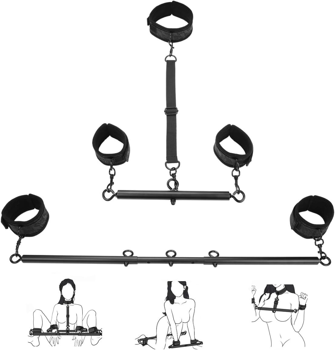 Spreader Bar Sex Toys with Wrist Ankle Neck Collar Restraint Kits Adjustable Handcuffs Collar Bondage Set BDSM for Adult Couple (Black)