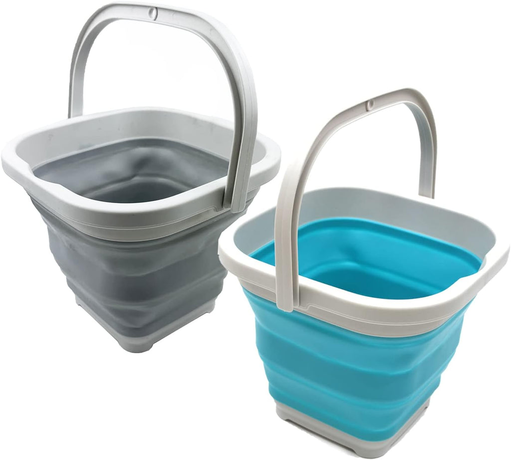 SAMMART 5L (1.3 Gallon) Square Collapsible Plastic Bucket - Foldable Square Tub - Portable Fishing Water Pail - Space Saving Outdoor Waterpot (Grey + Bright Blue (Set of 2))
